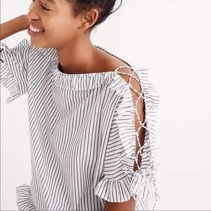 Madewell Ruffled Lace-Up Top Short Sleeve Blouse Striped